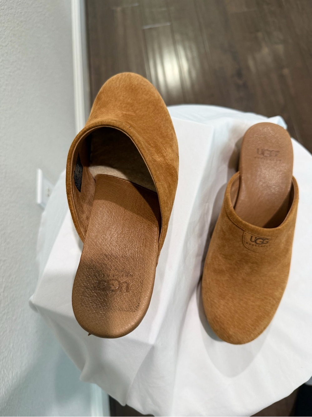 UGG Tan Suede Wooden Heel Clog Mules - Picture 4 of 5